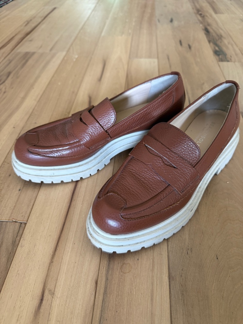 Women's Tan Leather Platform Penny Loafers